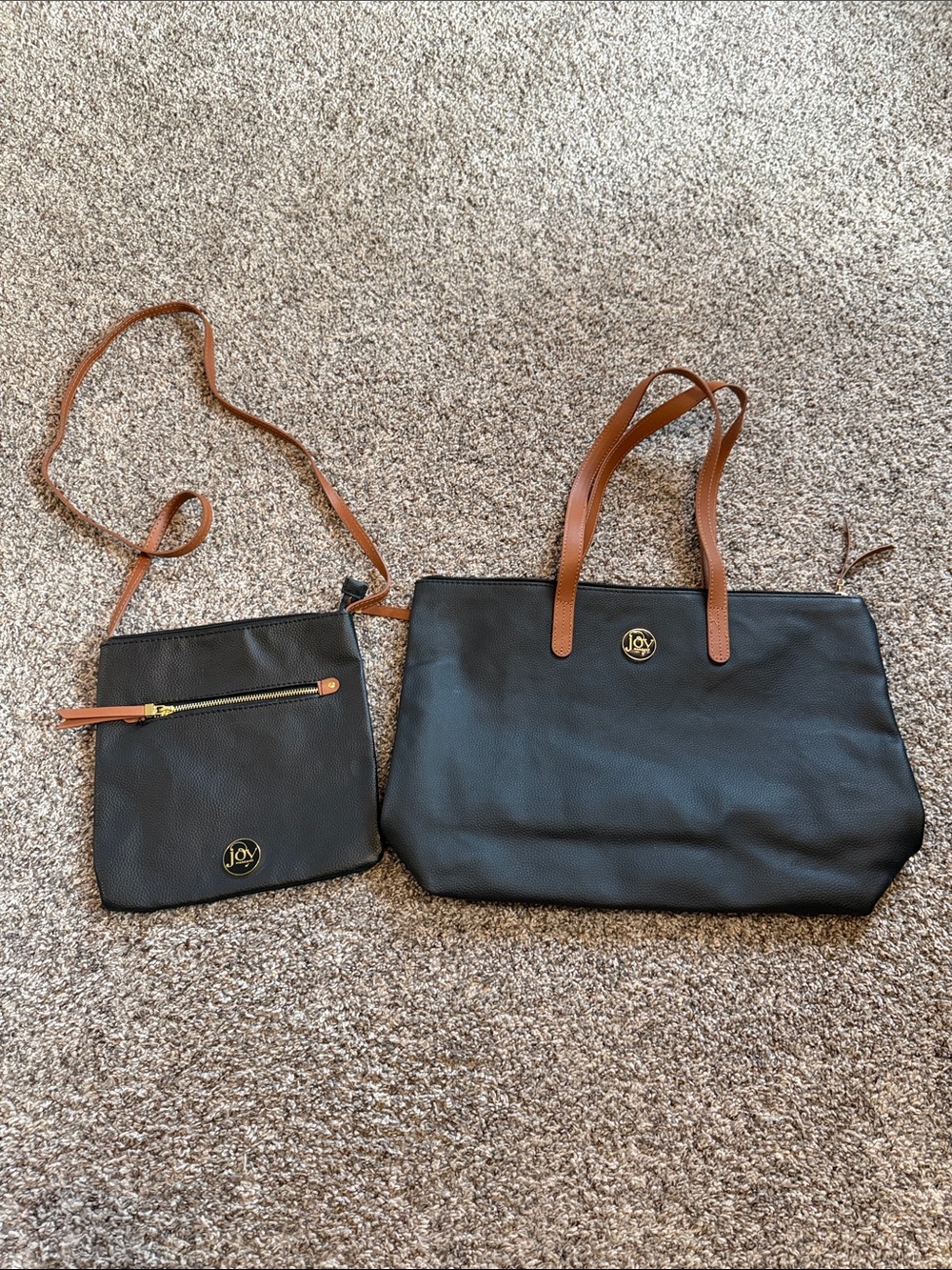 Joy Mangano 2 piece pebbled Leather Tote and Crossbody Set in Black and Brown